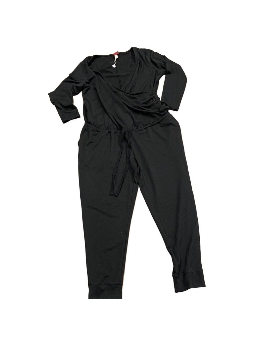 Paisley Sky L black maternity jumpsuit with days wrap front & drawstring waist